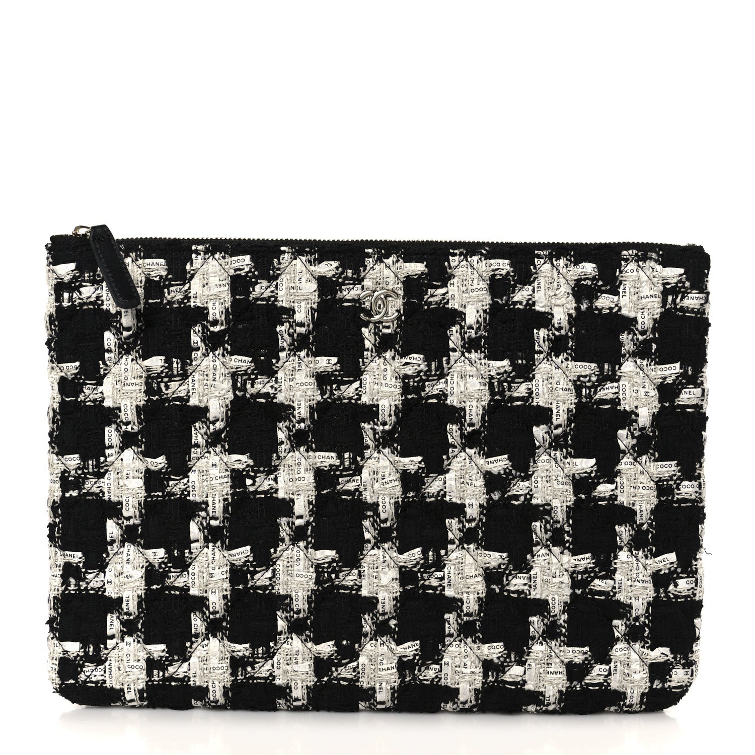 Chanel Tweed Quilted Medium Cosmetic Pouch Black Ecru White 1 of 8