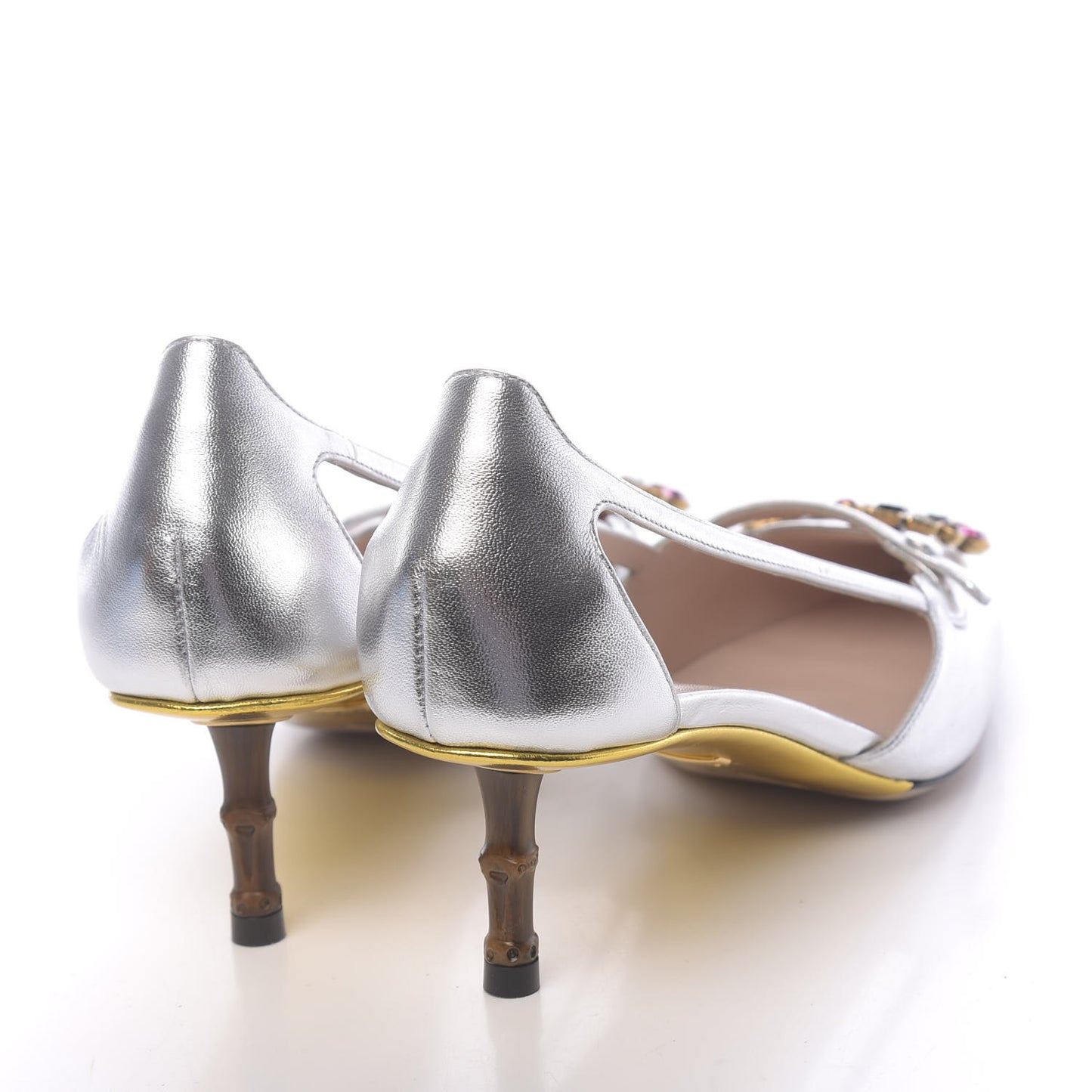 Metallic Nappa Bamboo Crystal Double G Low Heel Pumps 38 Argento