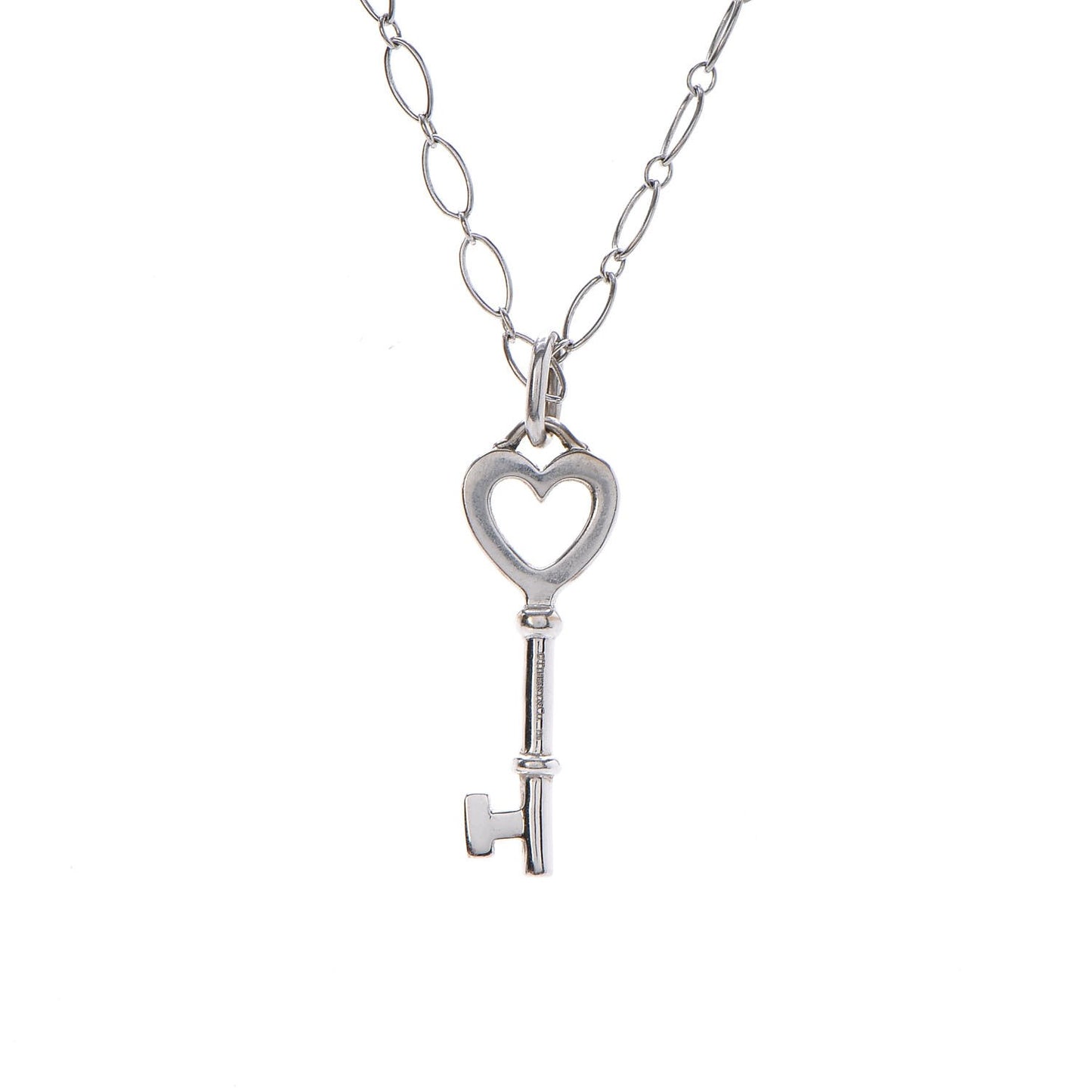 18K White Gold Diamond Mini Heart Key Charm Pendant Link Necklace
