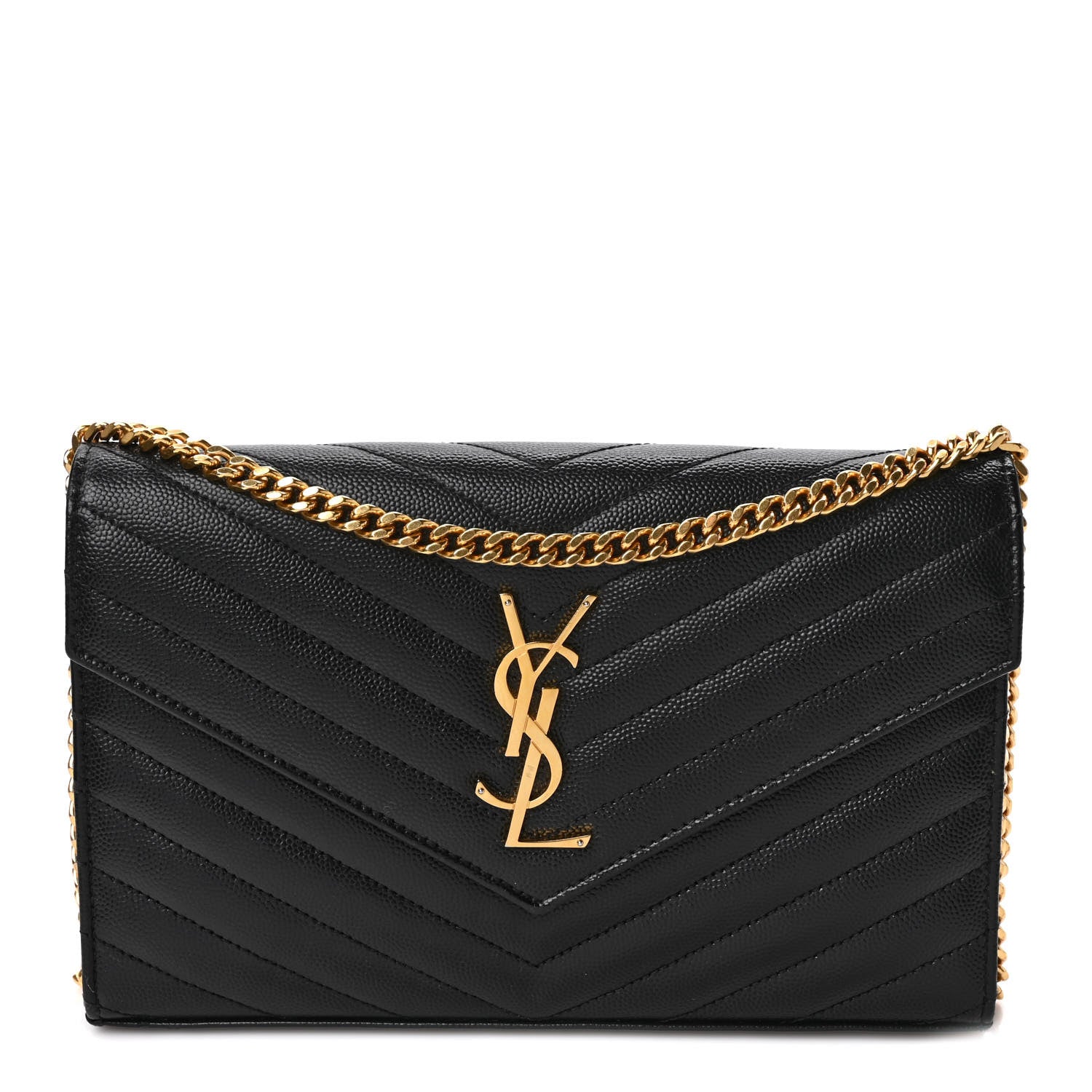 Saint Laurent Grain De Poudre Matelasse Chevron Monogram Chain Wallet Black 1 of 8