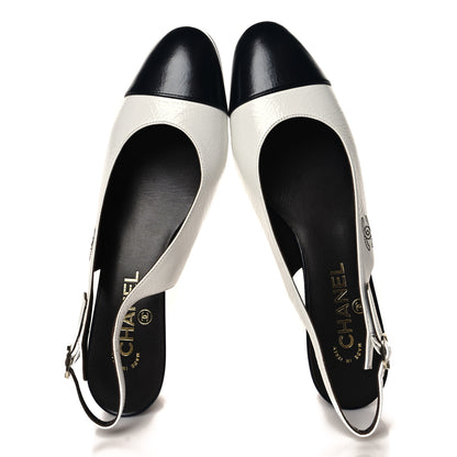 Chanel Calfskin Cap Toe CC Slingback Pumps 40 White Dark Navy 2 of 10