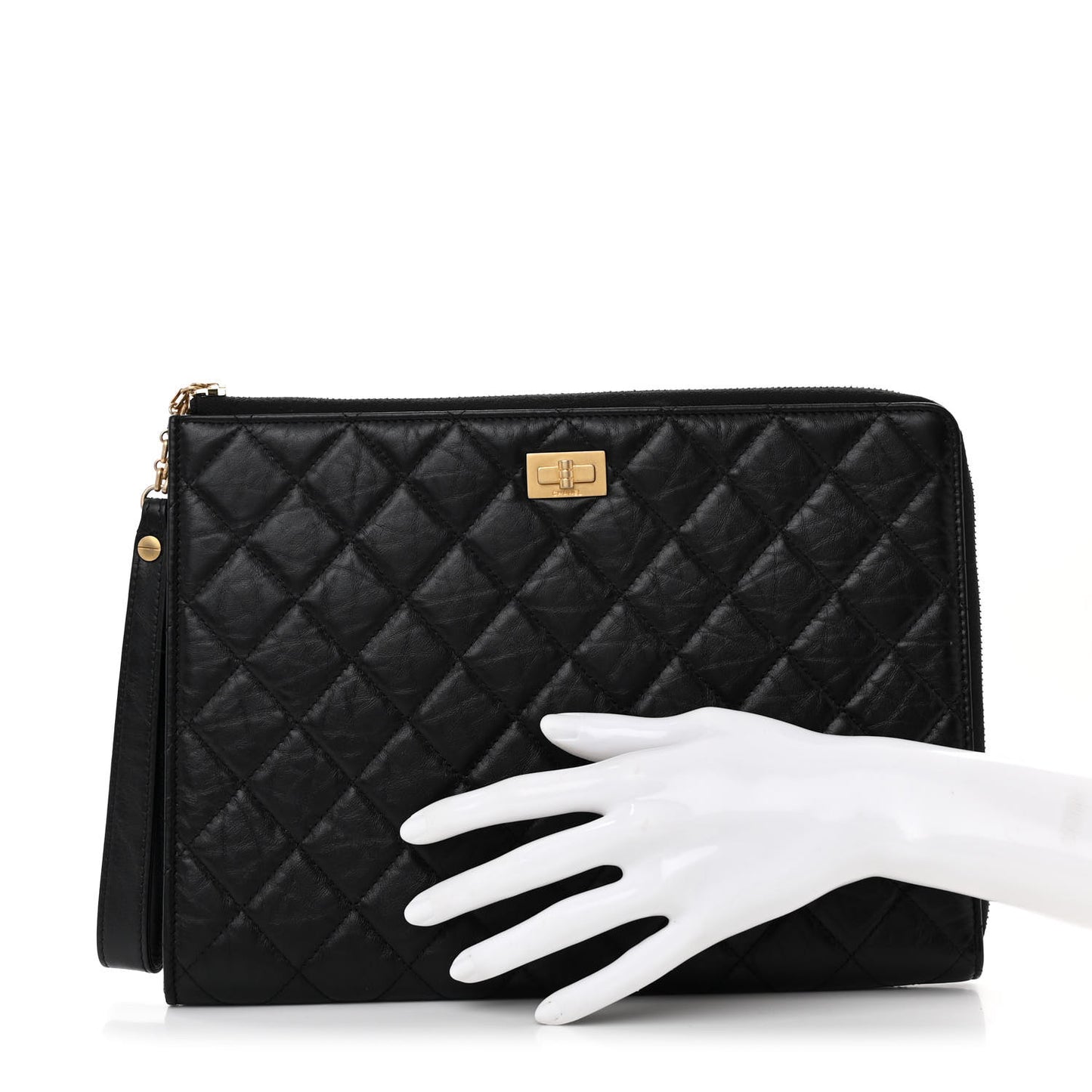 Aged Calfskin Quilted 2.55 Reissue Pouch With Handle Black