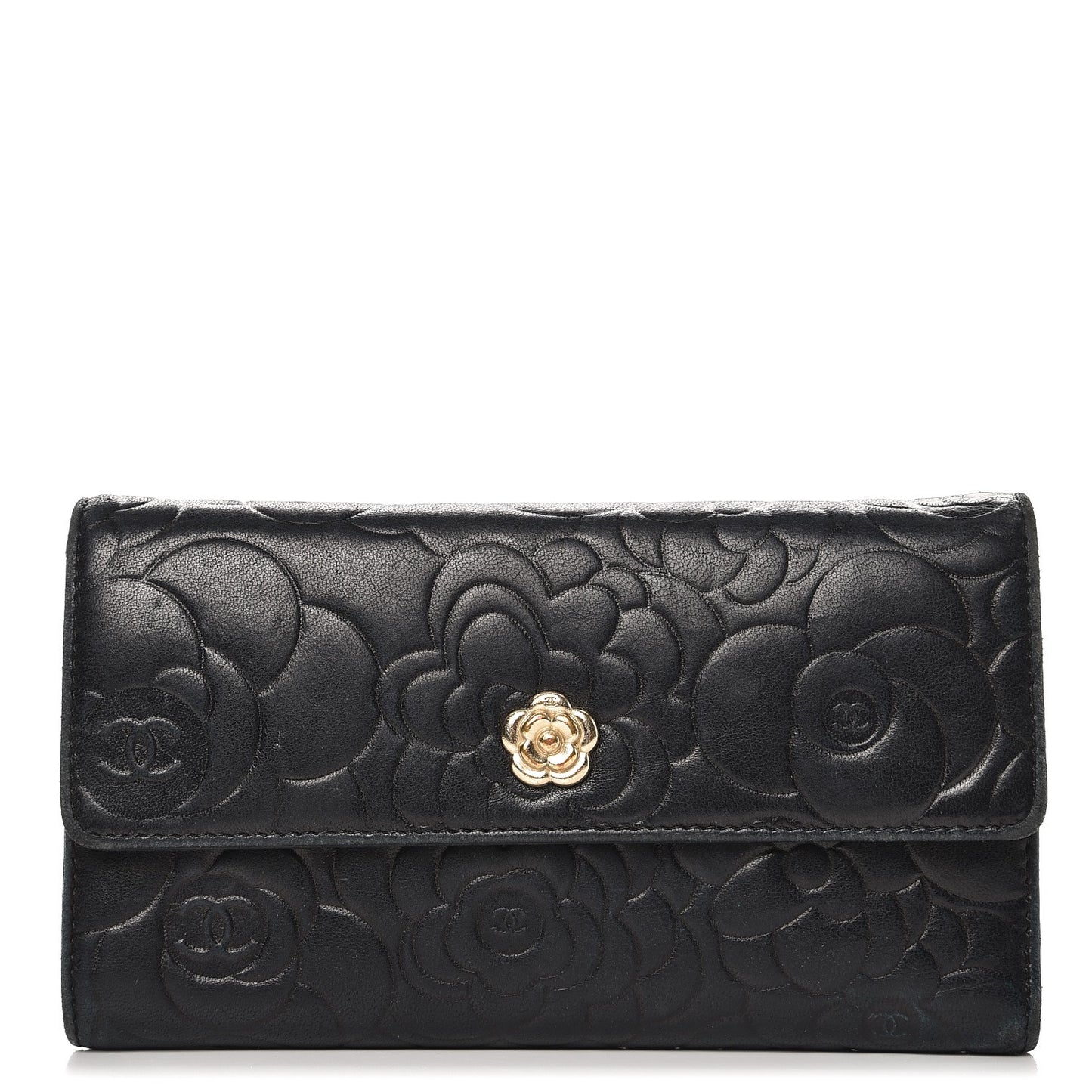 Lambskin Embossed Camellia Flap Wallet Black