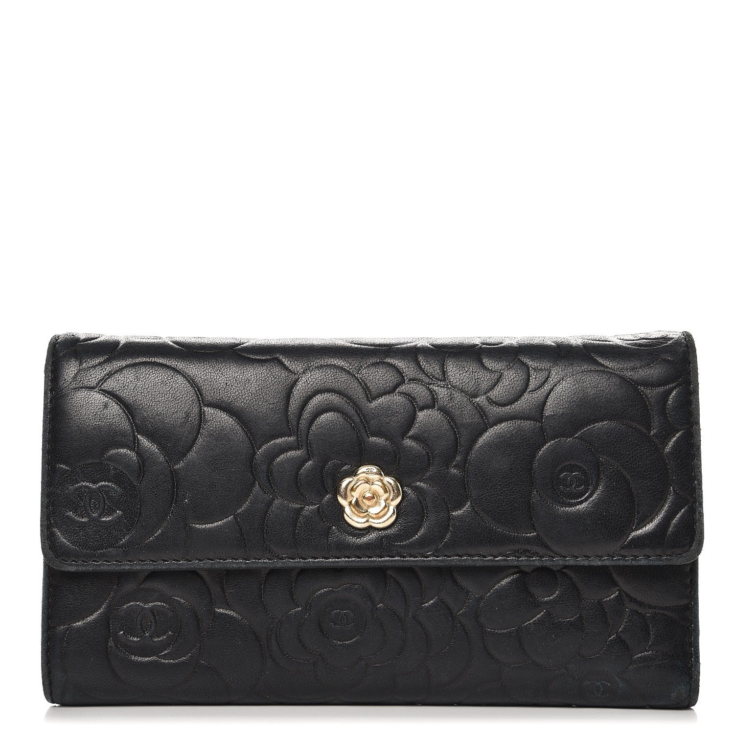 Chanel Lambskin Embossed Camellia Flap Wallet Black 1 of 15
