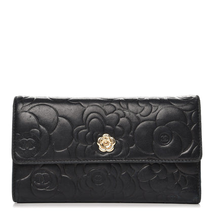Chanel Lambskin Embossed Camellia Flap Wallet Black 1 of 15