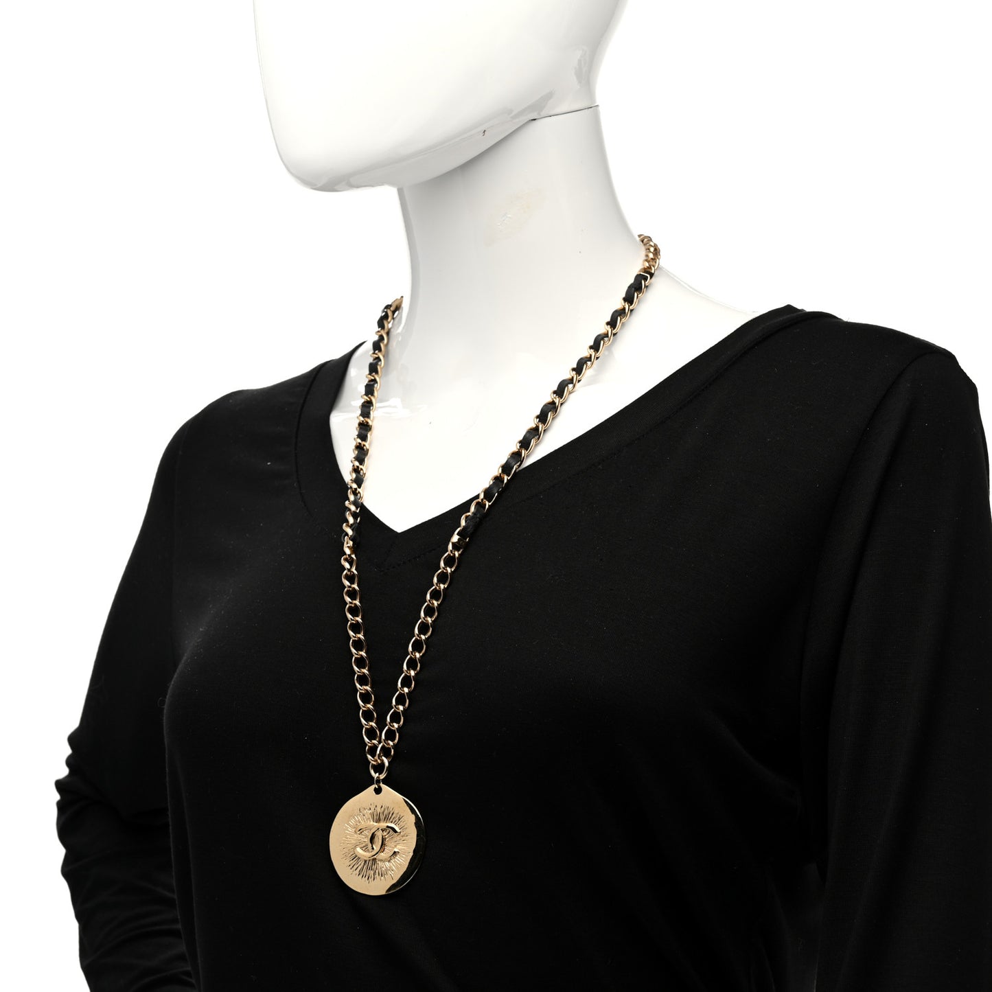 Lambskin CC Chain Reversible Pendant Necklace Gold Black