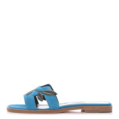 Hermes Suede Goatskin Nappa Oran Laurier Sandals 35 Bleu Thalassa Khaki 1 of 8