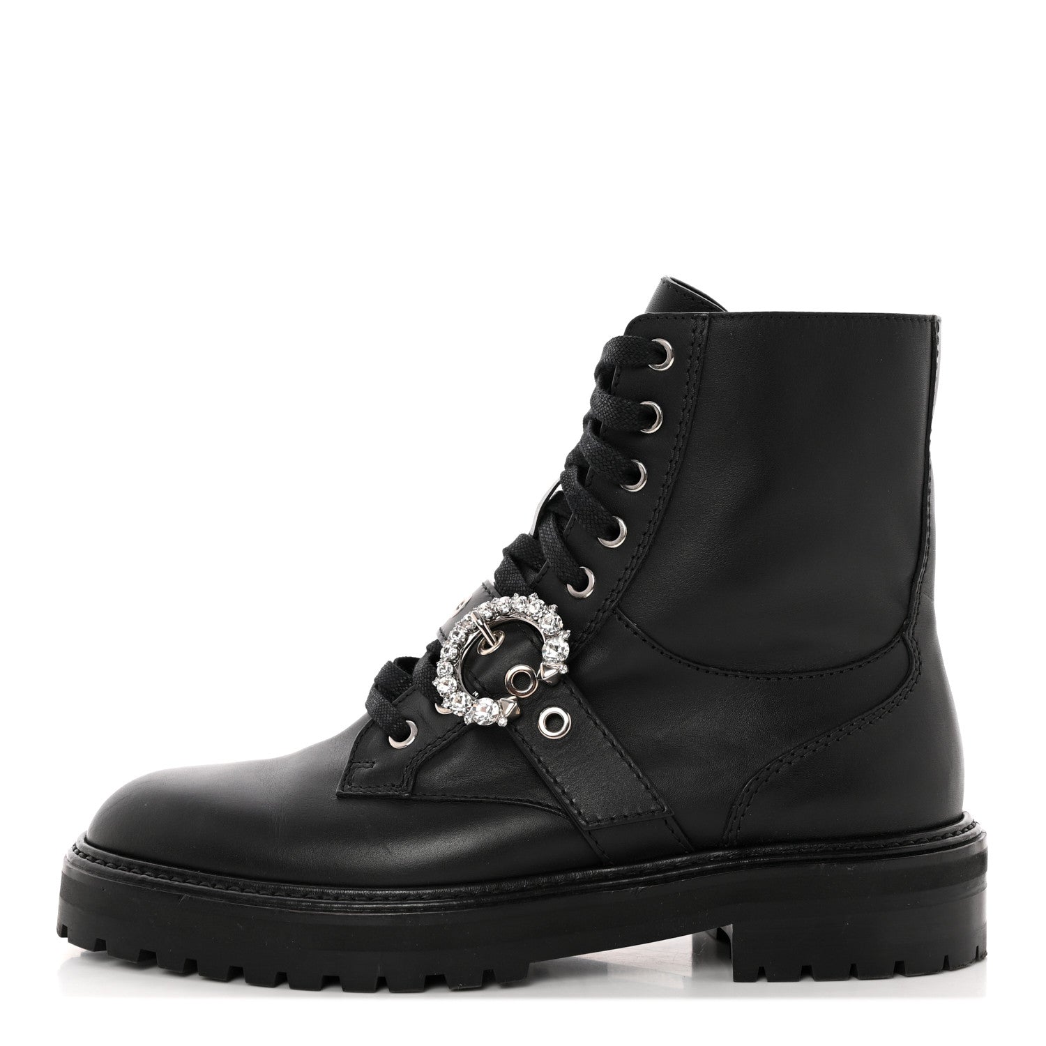 Jimmy Choo Calfskin Crystal Embellished Cora Flat Combat Boots 41 Black 1 of 12
