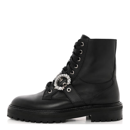 Jimmy Choo Calfskin Crystal Embellished Cora Flat Combat Boots 41 Black 1 of 12