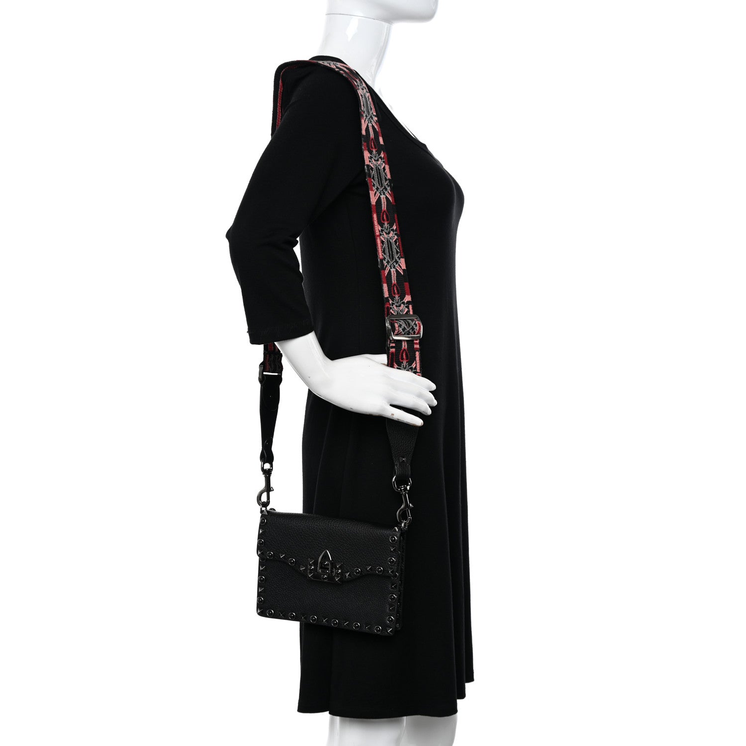 Valentino Garavani Calfskin Small Guitar Strap Rockstud Rolling Shoulder Flap Bag Black 2 of 13