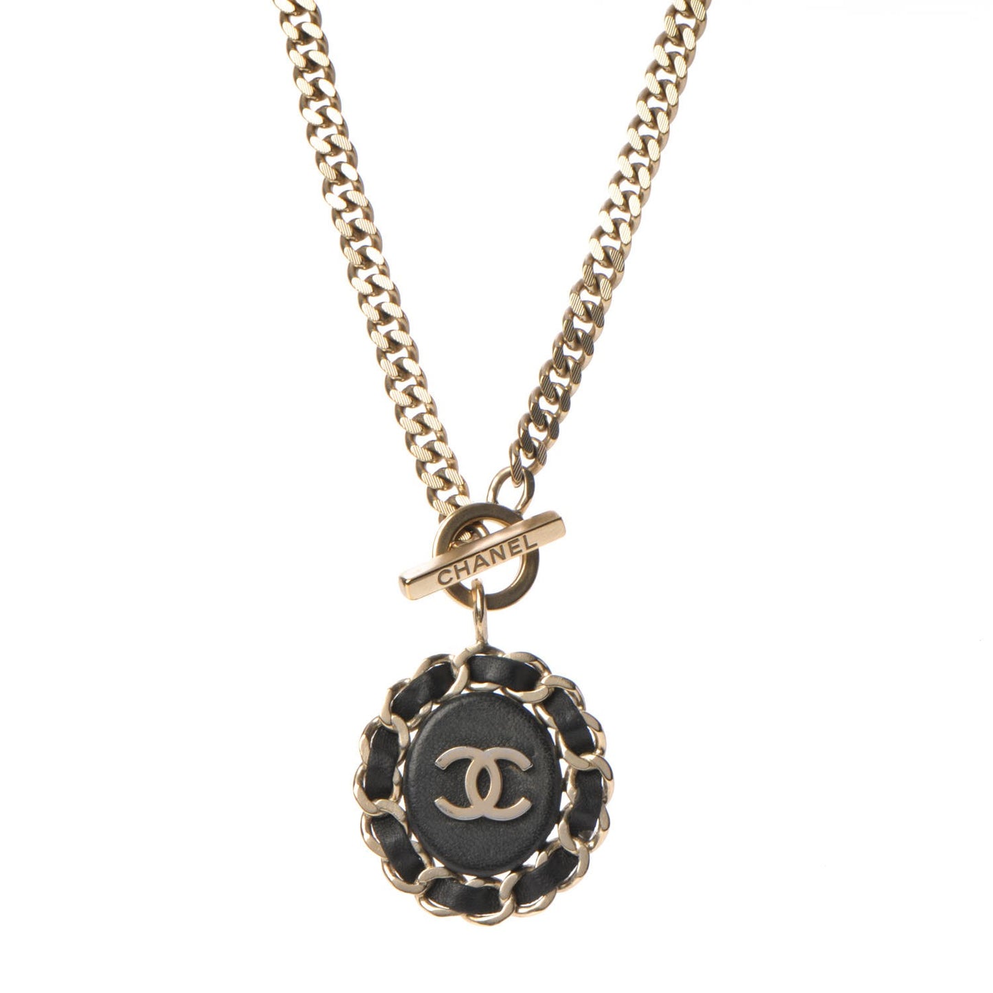 Lambskin CC Long Chain Necklace Black Gold