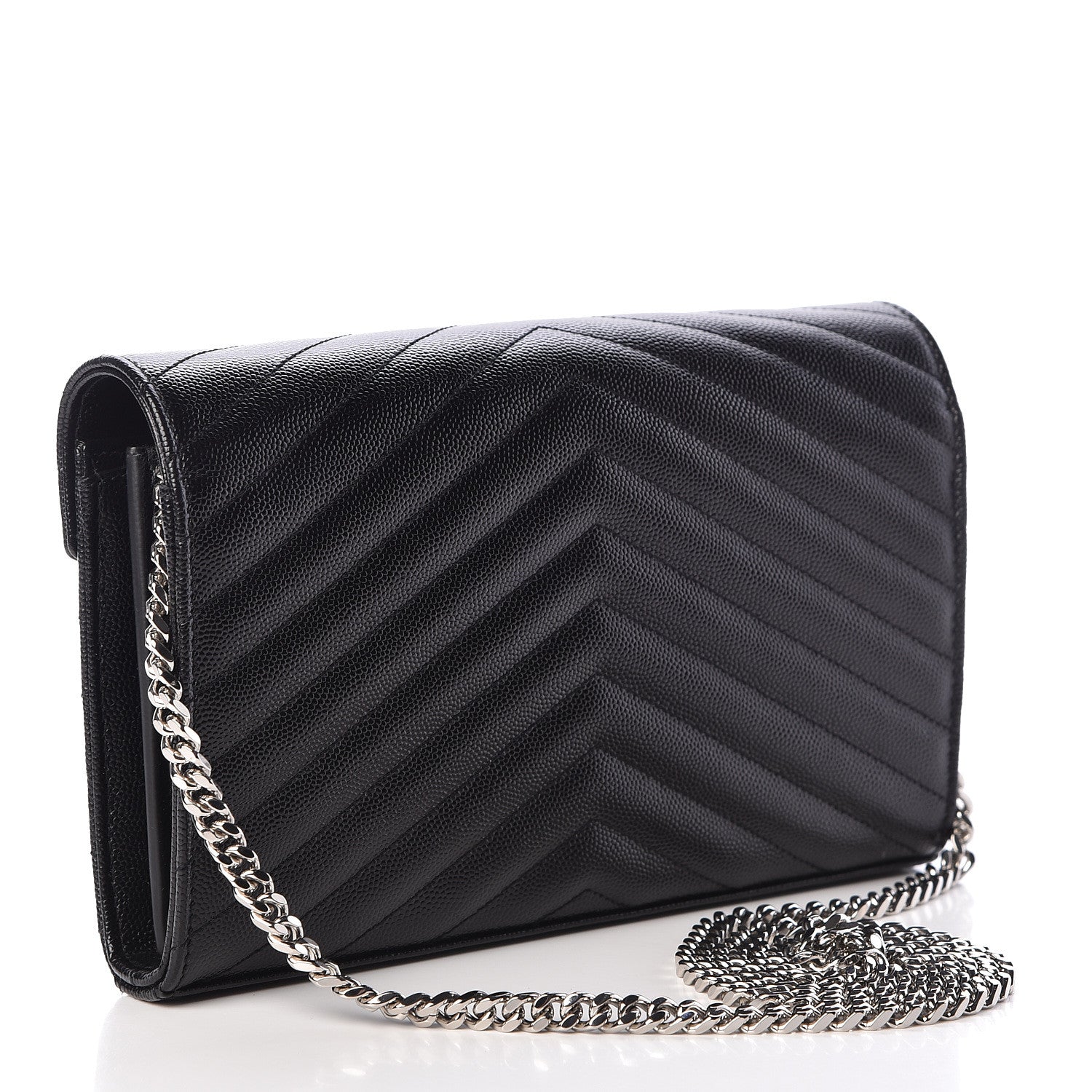 Saint Laurent Grain De Poudre Matelasse Chevron Monogram Chain Wallet Black 3 of 10