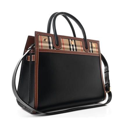 Burberry Calfskin Vintage Check Small Two Handle Title Bag Black 3 of 11