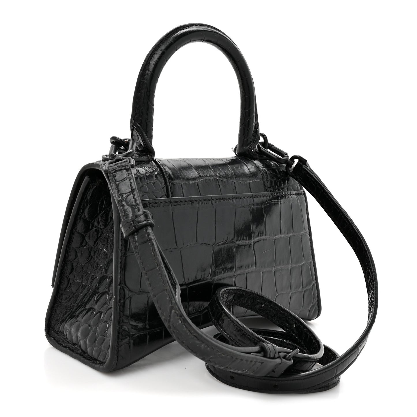Shiny Calfskin Monochrome Crocodile Embossed Hourglass Top Handle Bag XS Black