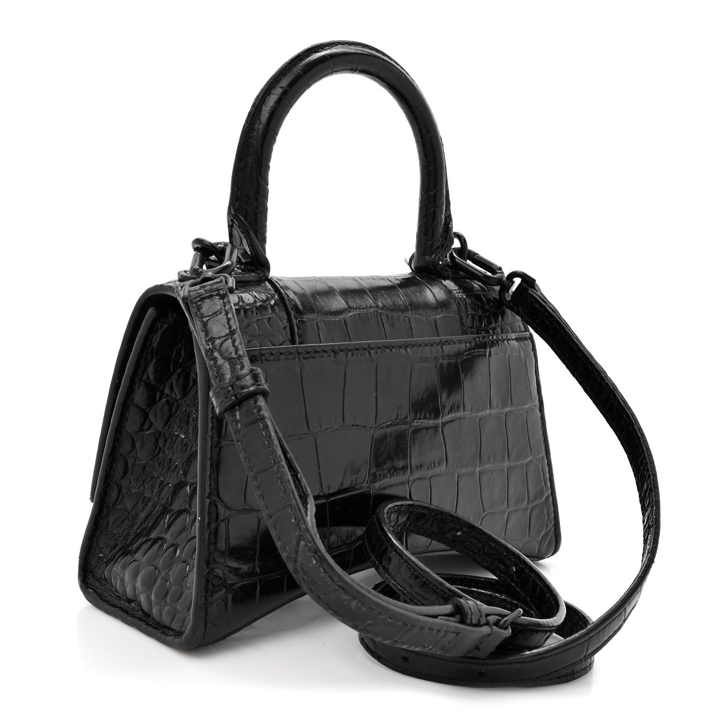 Balenciaga Shiny Calfskin Monochrome Crocodile Embossed Hourglass Top Handle Bag XS Black 3 of 17