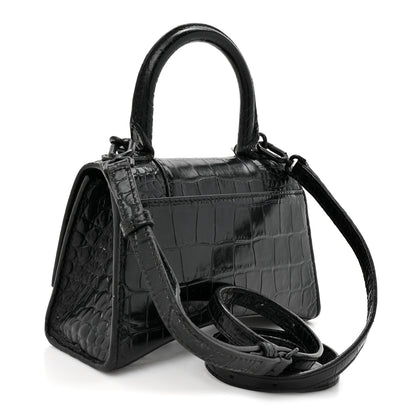 Balenciaga Shiny Calfskin Monochrome Crocodile Embossed Hourglass Top Handle Bag XS Black 3 of 17