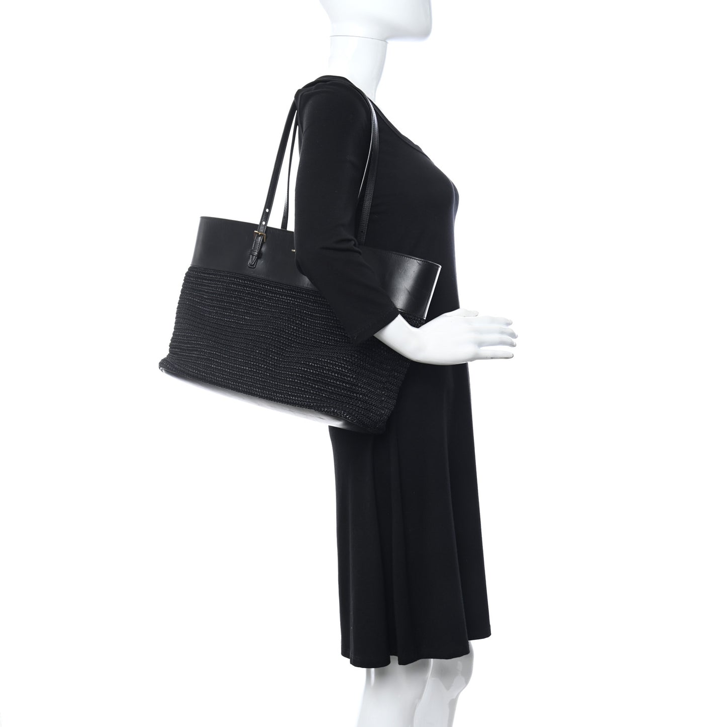 Calfskin Raffia Medium Shopper Tote Black