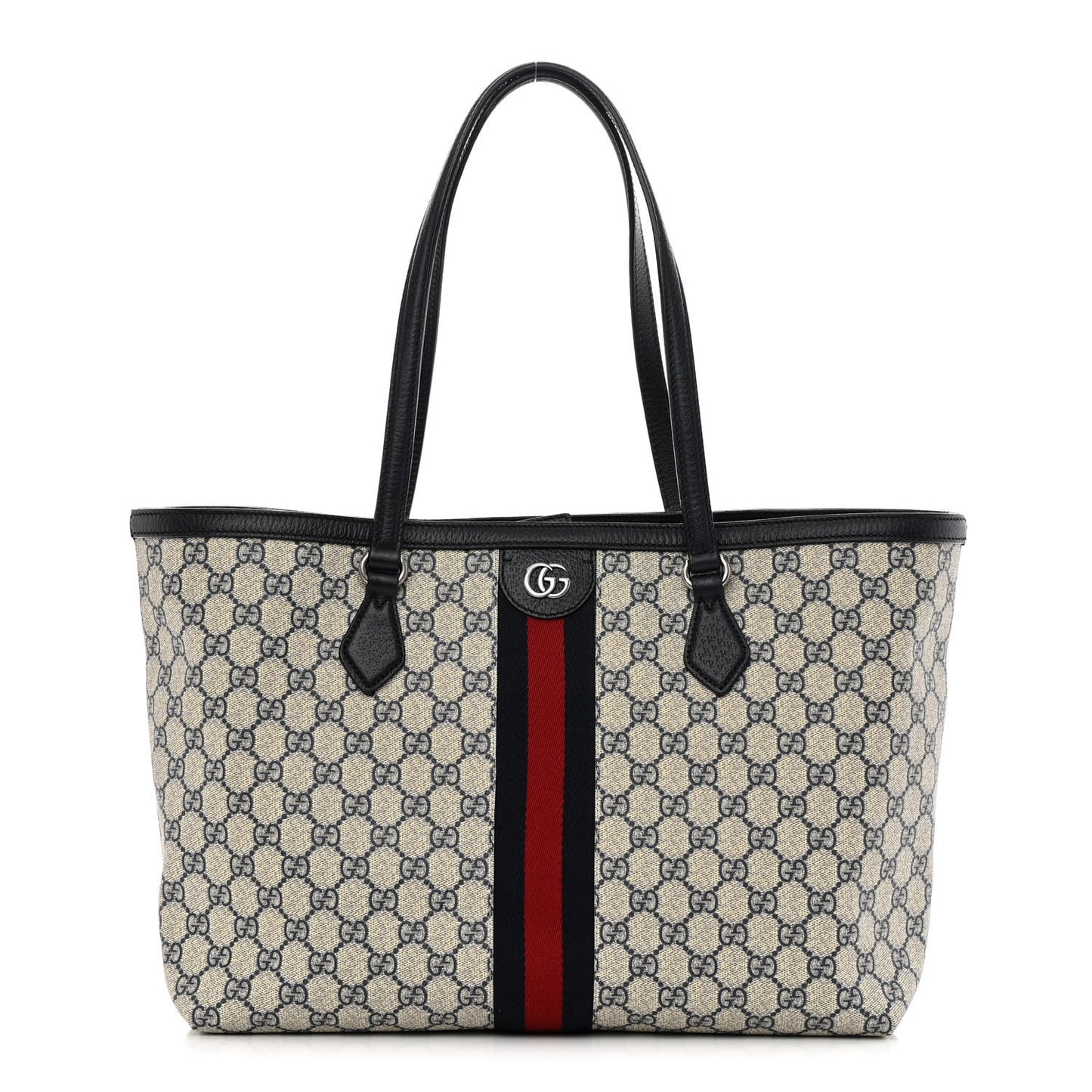 GG Supreme Monogram Textured Calfskin Web Medium Ophidia Shopping Tote Beige Blue