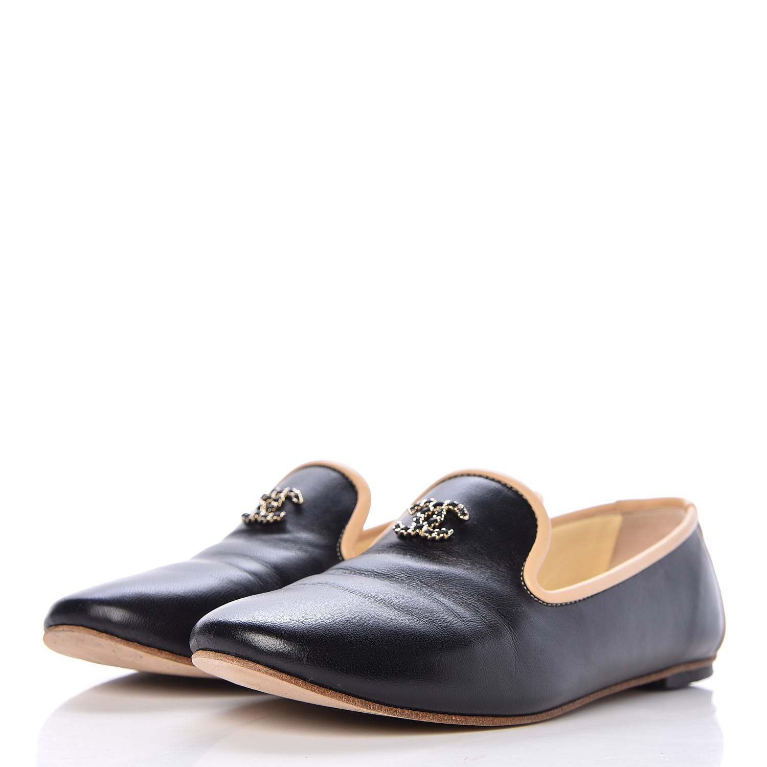 Chanel Lambskin CC Mocassin Loafers 36 Black Beige 3 of 15