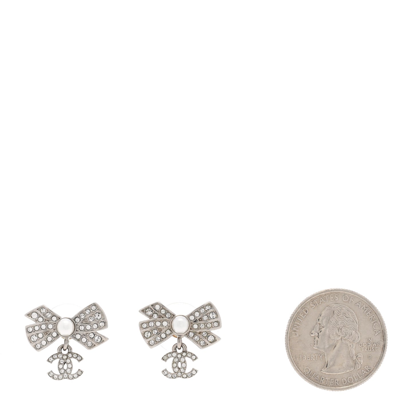 Crystal Pearl Bow CC Drop Earrings Silver