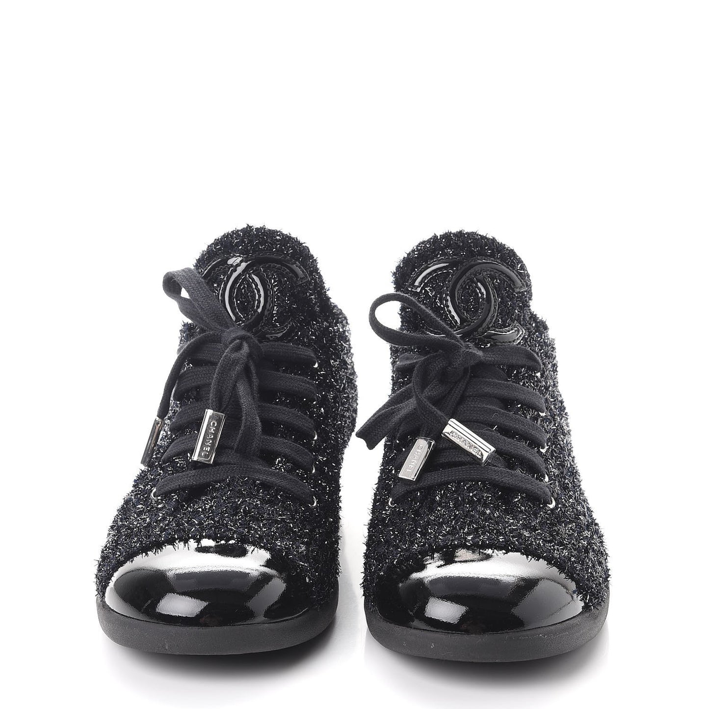 Lurex Tweed Patent Lace Up Sneakers 41 Dark Navy Blue