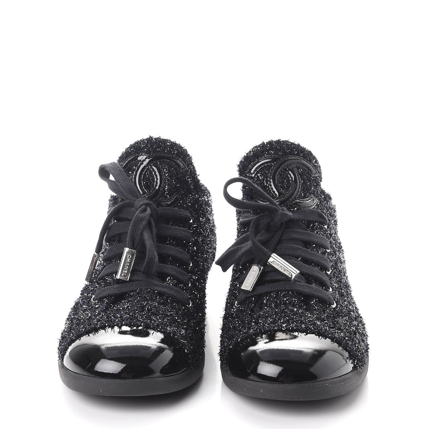 Chanel Lurex Tweed Patent Lace Up Sneakers 41 Dark Navy Blue 2 of 9