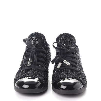 Chanel Lurex Tweed Patent Lace Up Sneakers 41 Dark Navy Blue 2 of 9