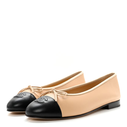 Chanel Lambskin Cap Toe CC Ballerina Flats 39 Beige Black 3 of 9