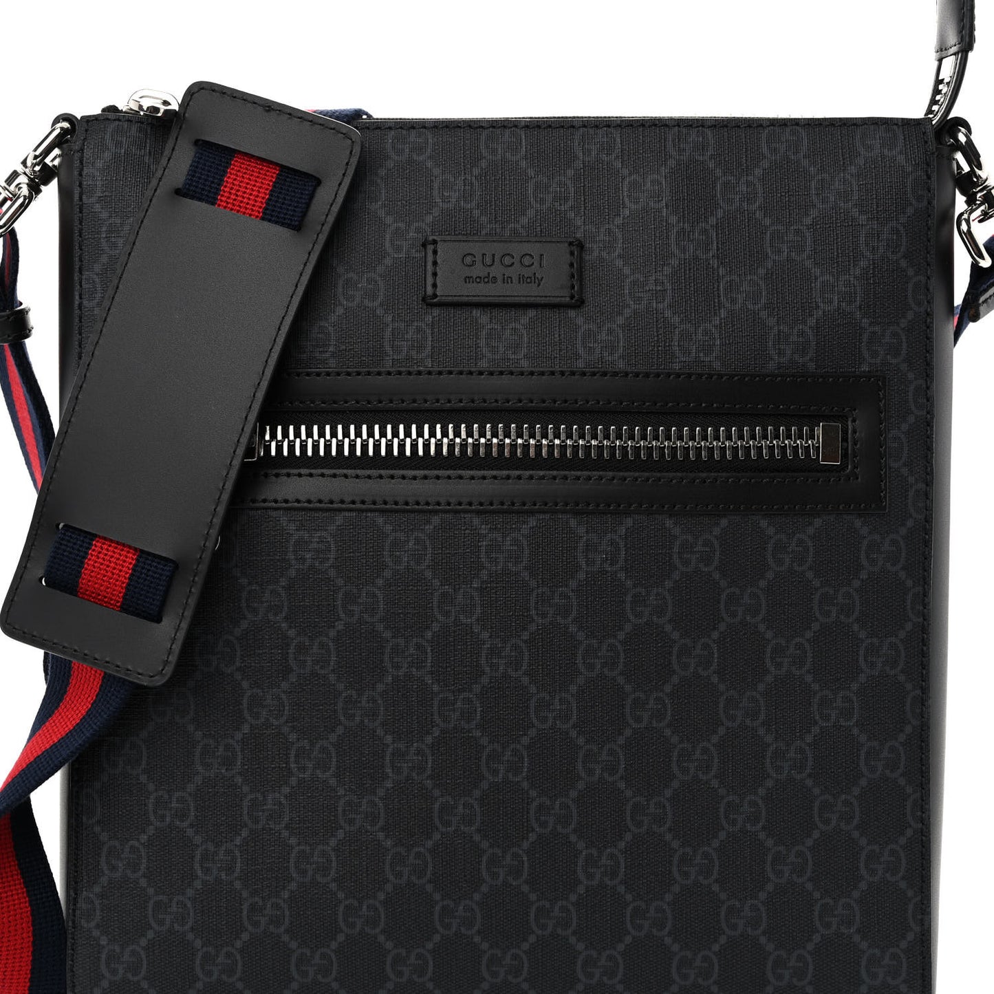 GG Supreme Monogram Appia Calfskin Web Flat Messenger Bag Black Grey