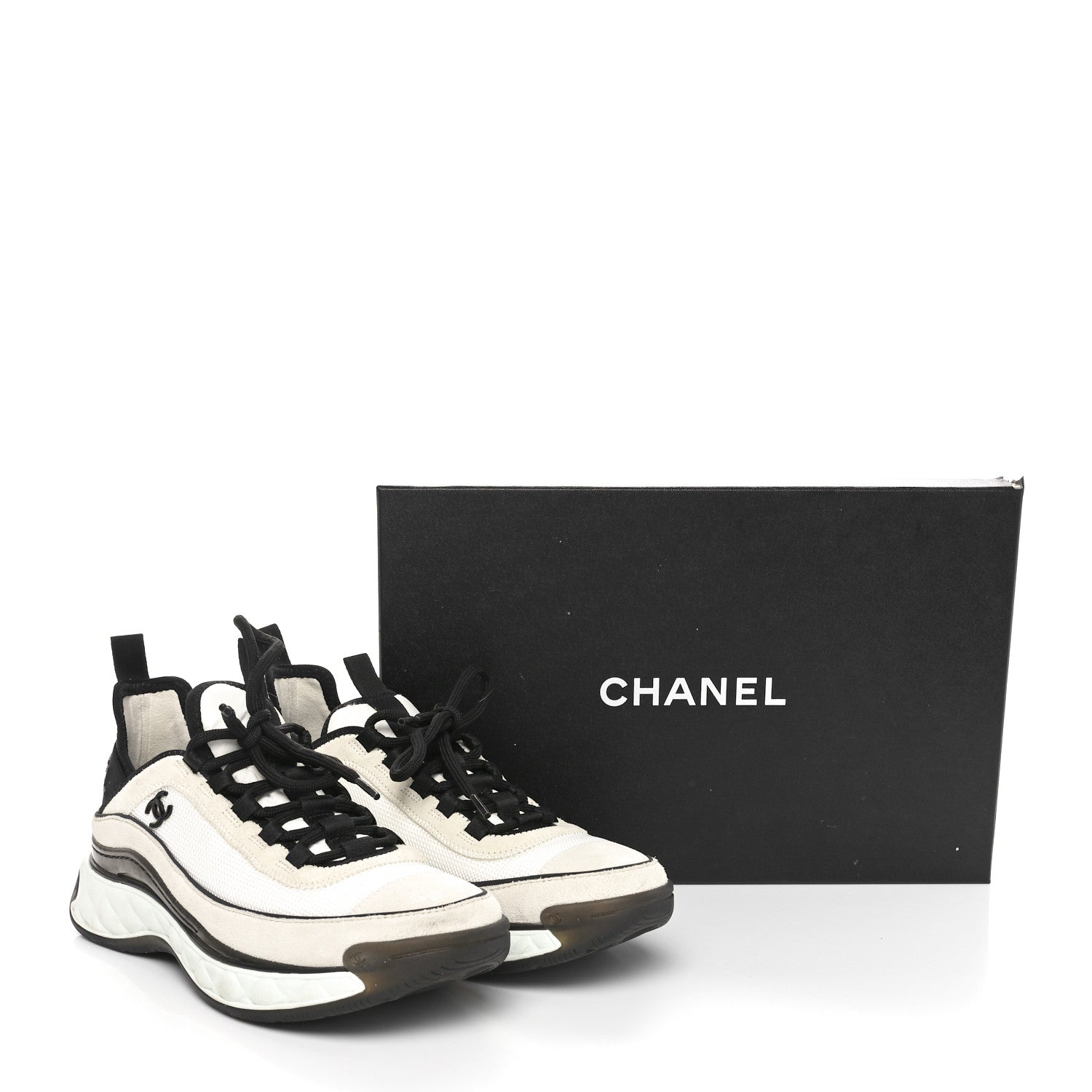 Chanel Velvet Calfskin Mixed Fibers CC Sneakers 37.5 Ivory Black 9 of 9