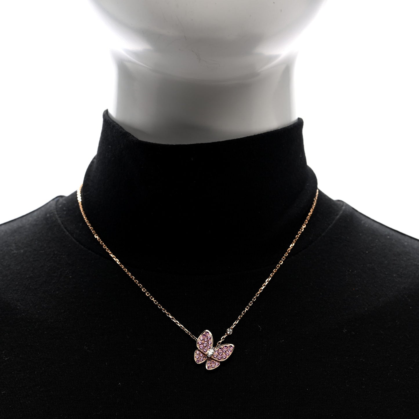 18K Rose Gold Diamond Pink Sapphire Two Butterfly Pendant Necklace