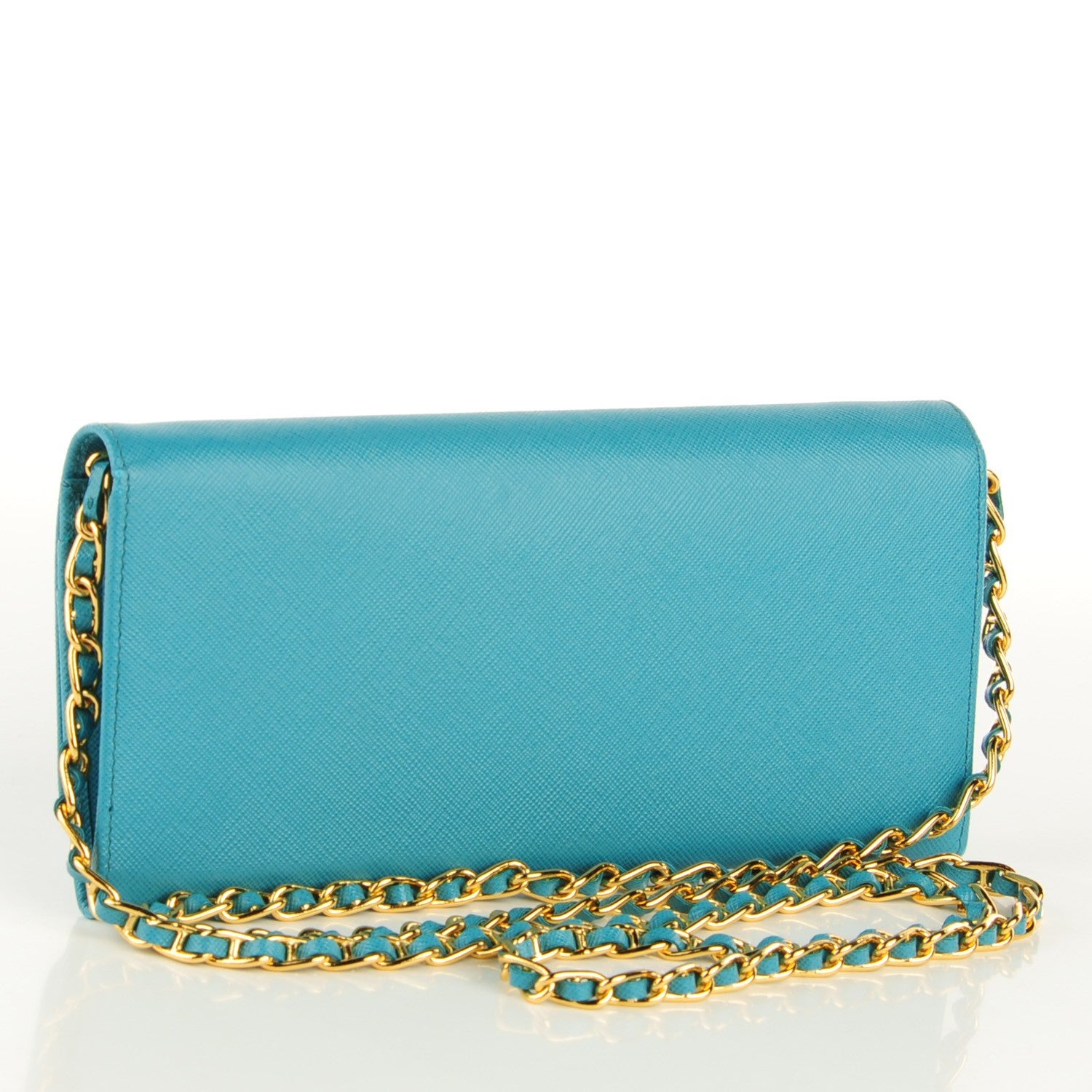 Prada Saffiano Metal Oro Chain Wallet Turchese 3 of 9