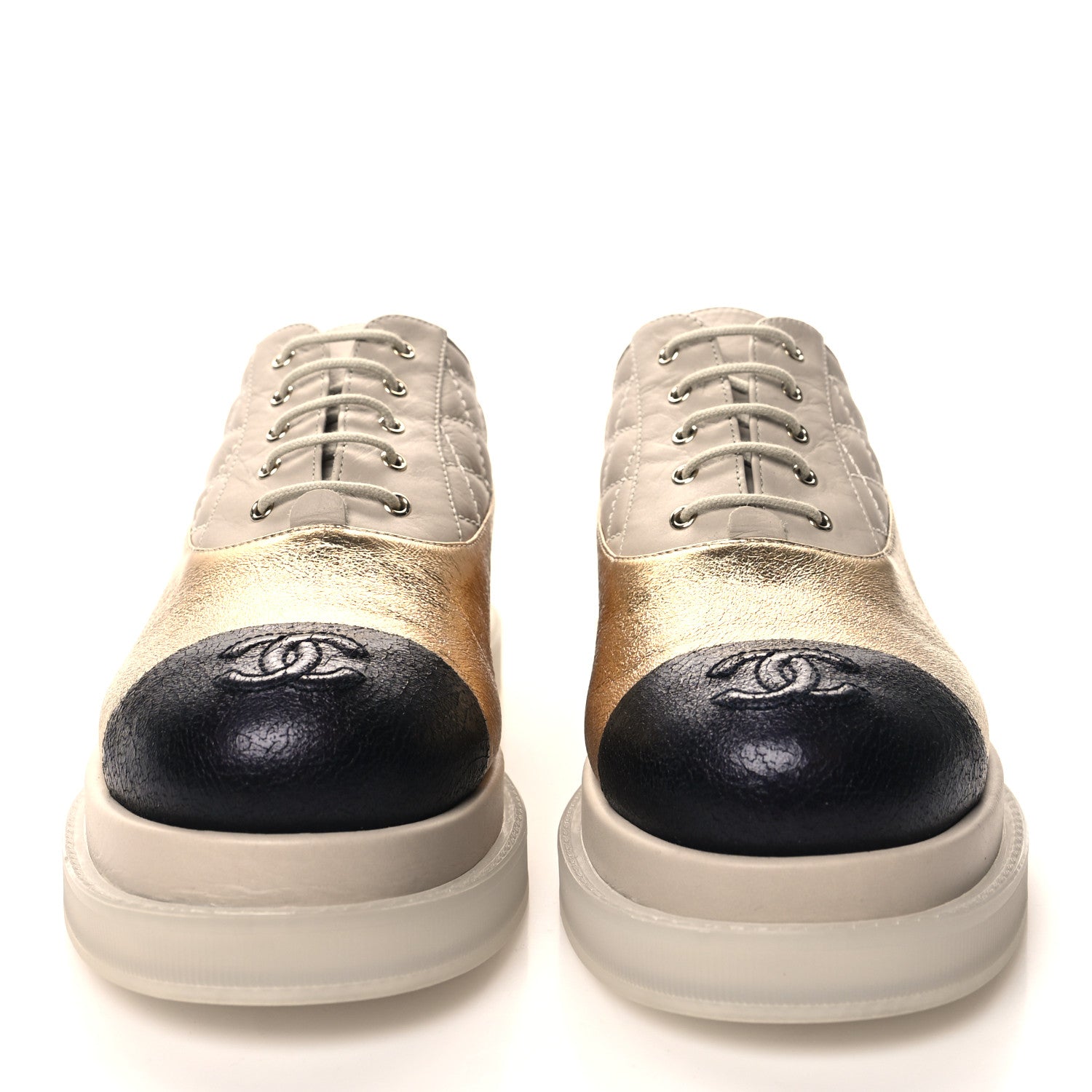 Chanel Metallic Lambskin Platform Sneakers 36 Beige Black Gold 2 of 8