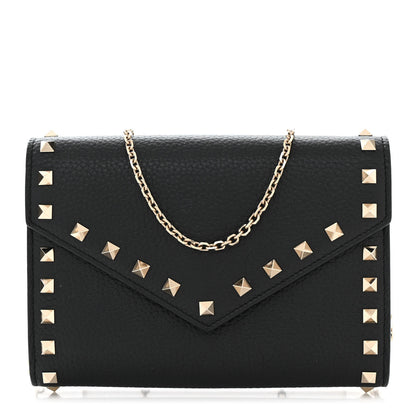 Valentino Garavani Pebbled Calfskin Rockstud Envelope Wallet on Chain Black 1 of 11