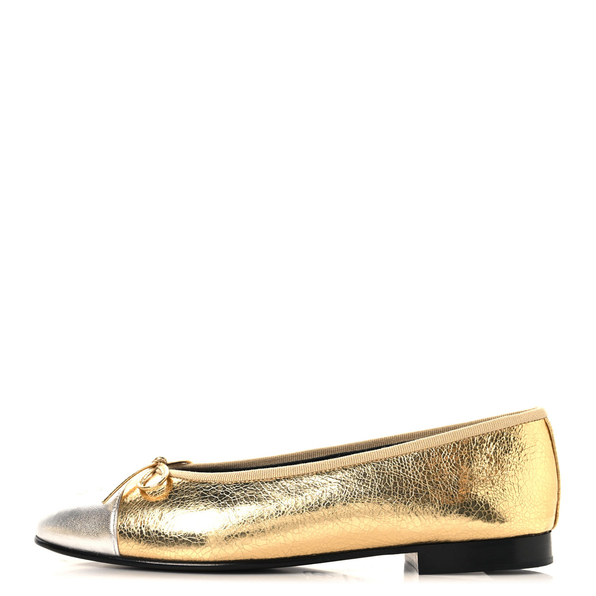 Chanel Metallic Crackled Laminated Calfskin CC Cap Toe Ballerina Flats 37.5 Gold Silver 1 of 10
