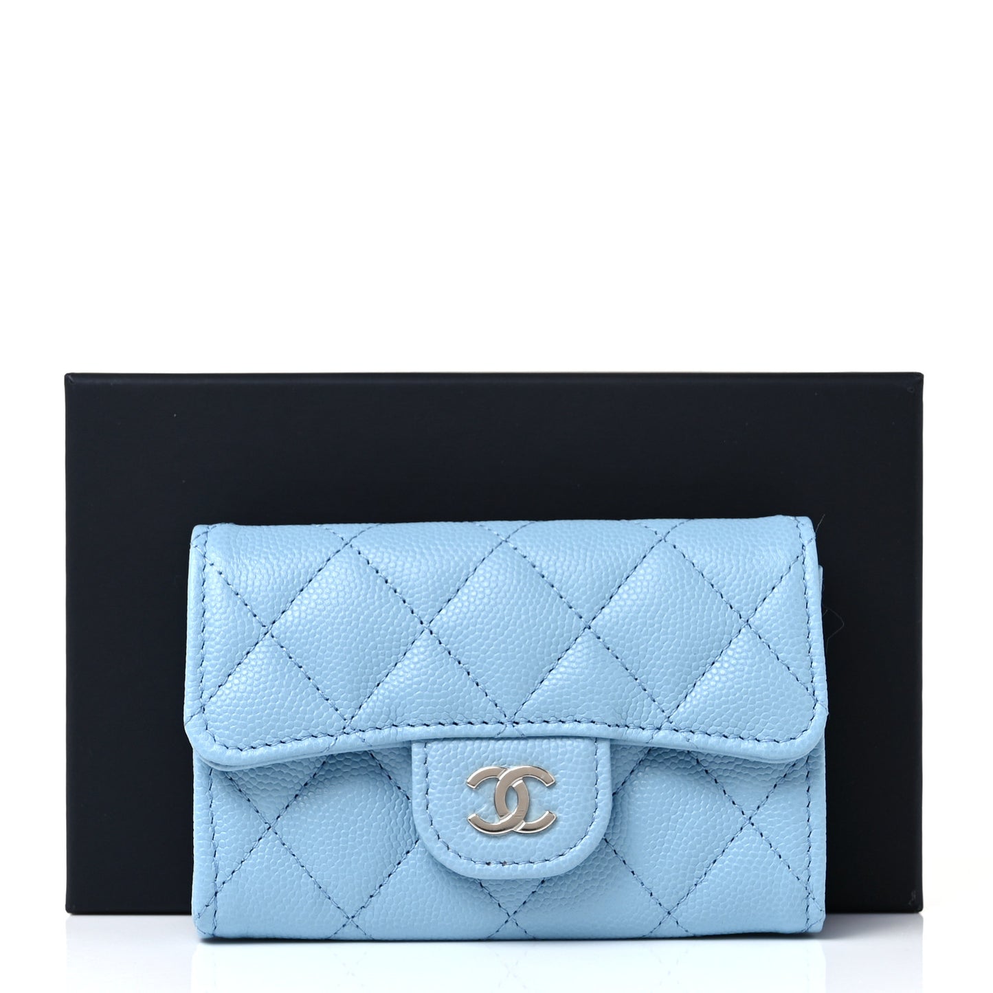 Caviar Quilted Flap Card Holder Wallet Light Blue