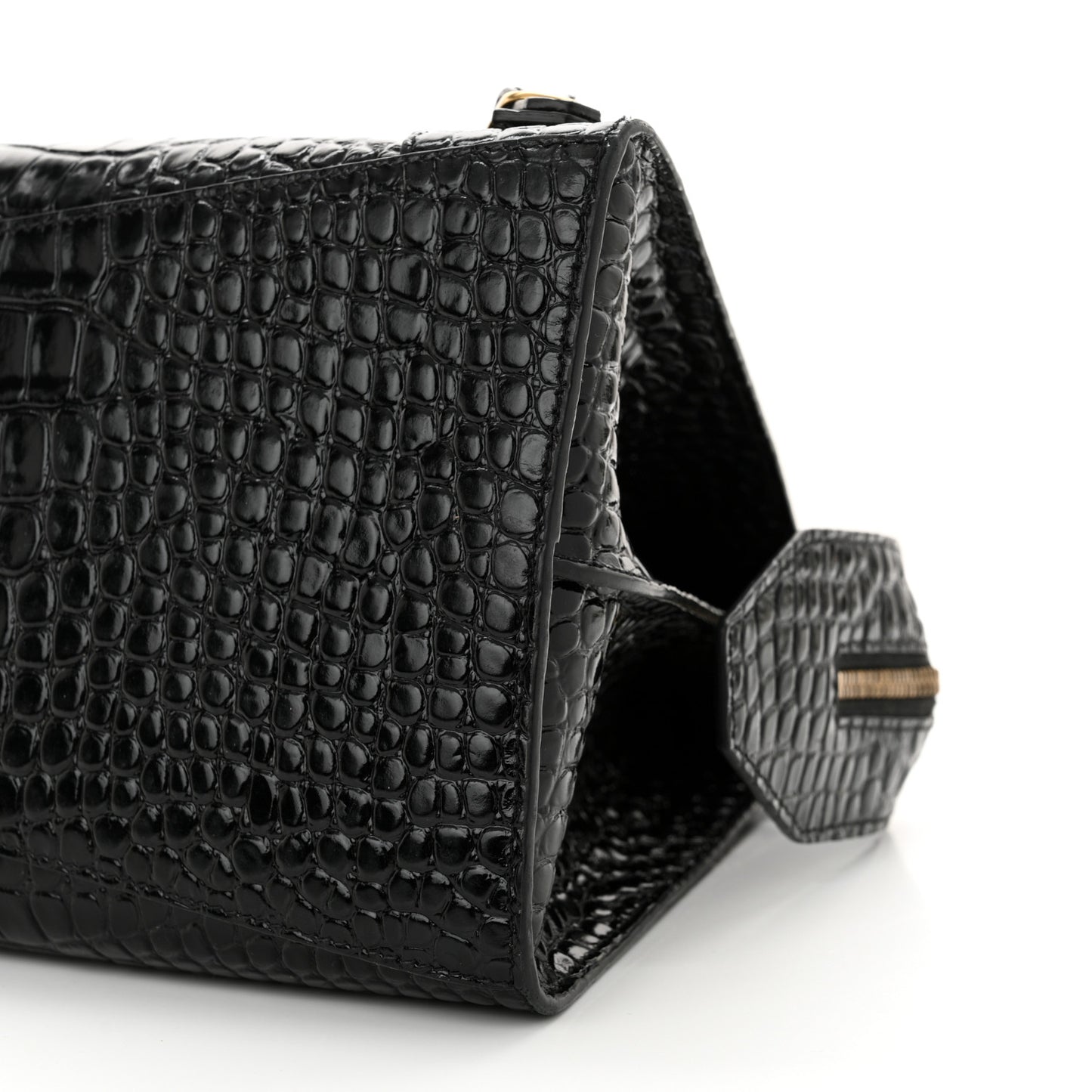 Shiny Supple Calfskin Crocodile Embossed Brass Hardware Neo Classic City Black