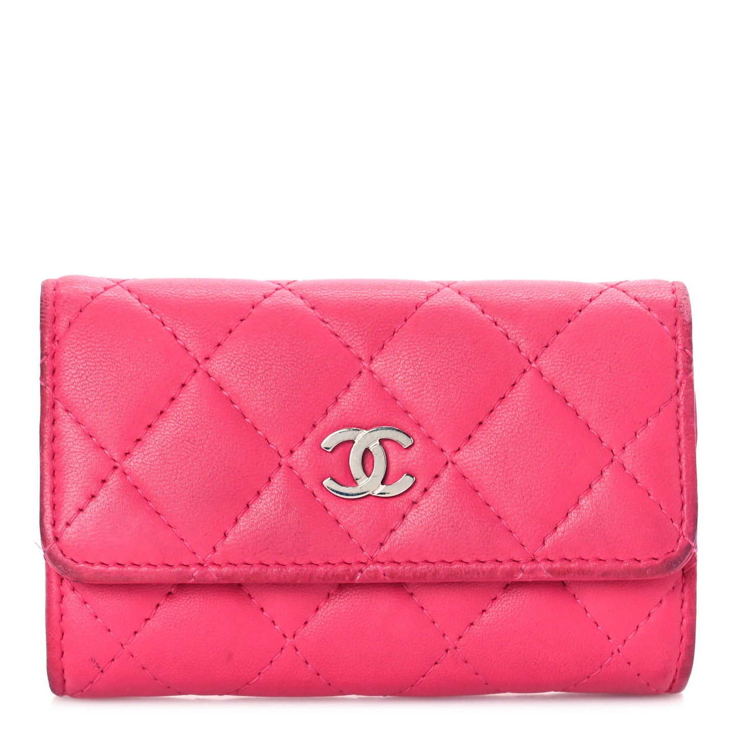 Lambskin Quilted Flap Card Holder Dark Pink