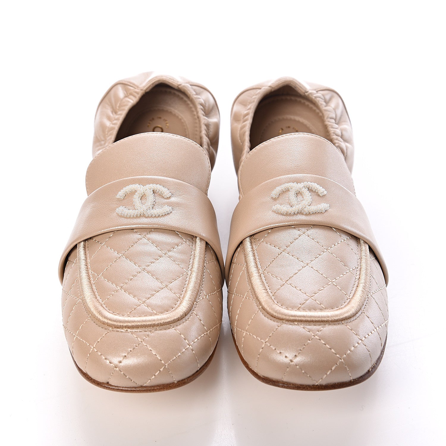 Chanel Laminated Lambskin Womens Quilted Elastic CC Moccasin Loafers 38 Beige 9 of 10