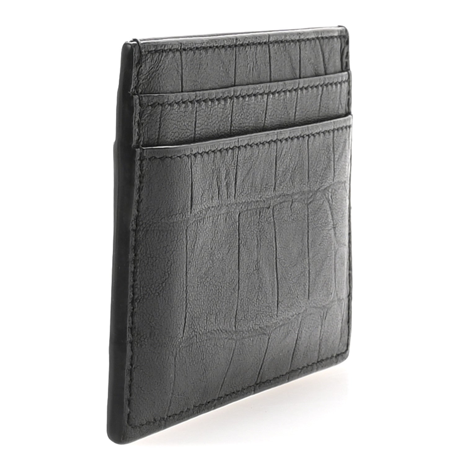 Saint Laurent Calfskin Crocodile Embossed Monogram Credit Card Case Black 3 of 8