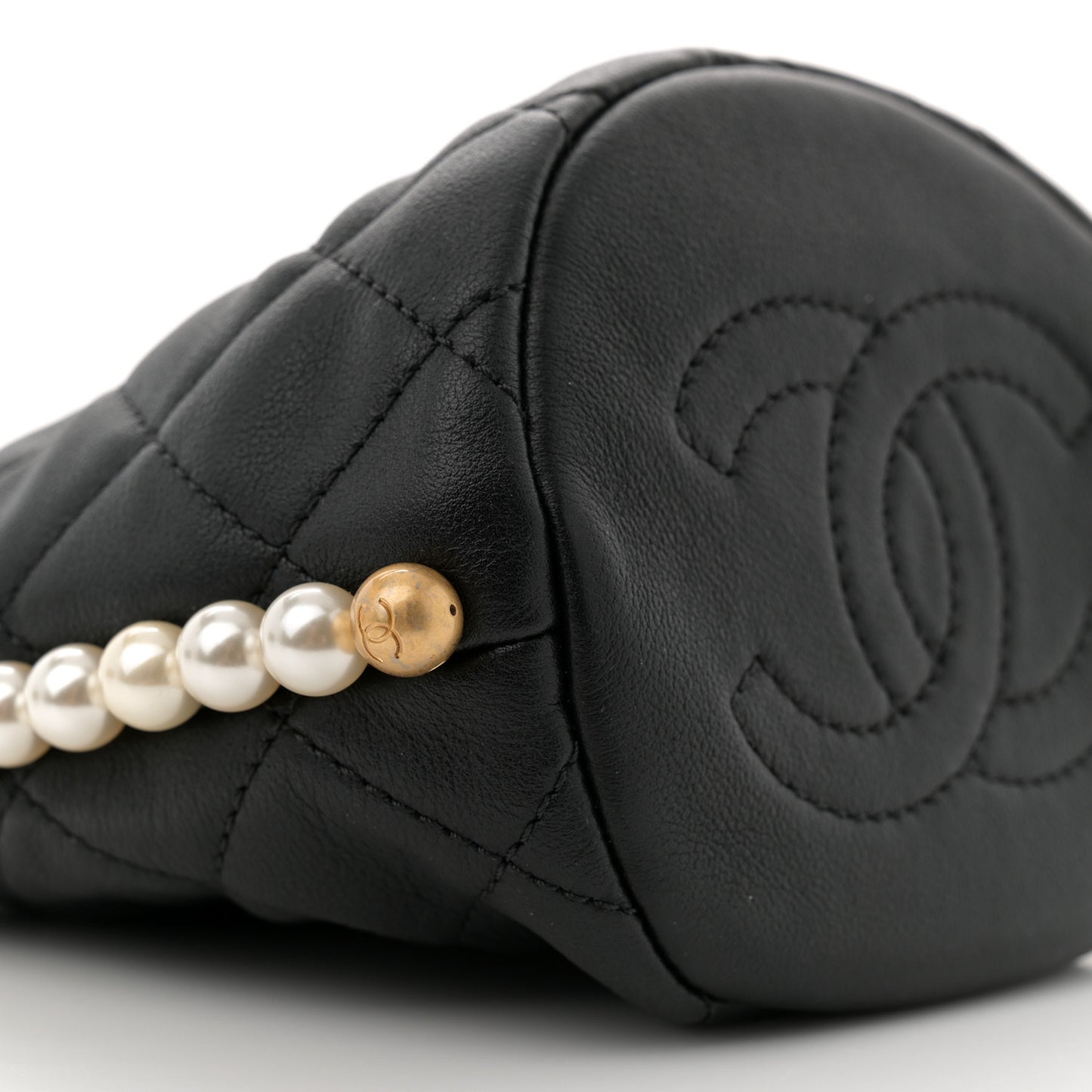 Calfskin Quilted Pearl Mini About Pearls Drawstring Bucket Bag Black