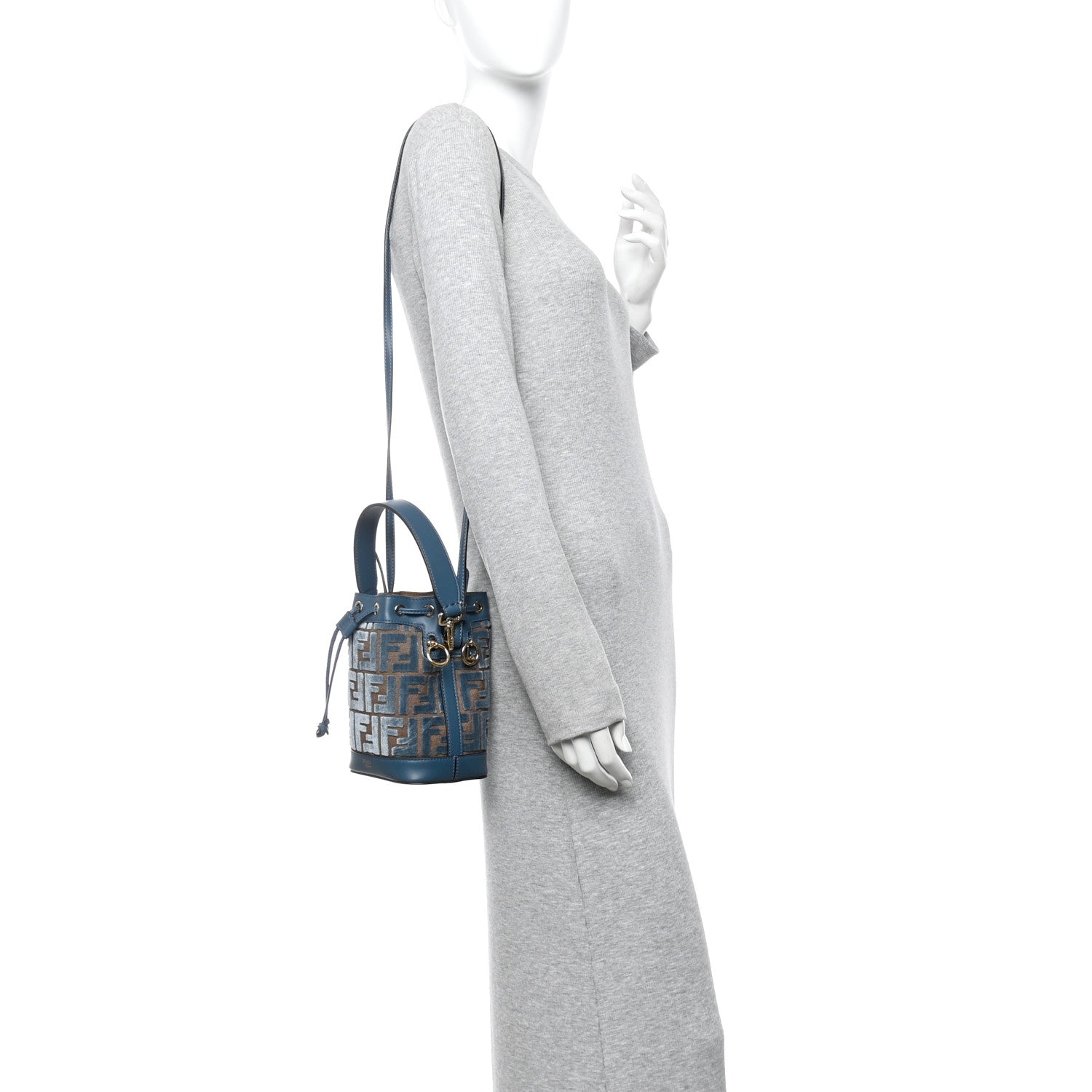 Fendi Vitello Grace Velluto FF Mini Mon Tresor Bucket Bag Dusty Blue Brown 2 of 10