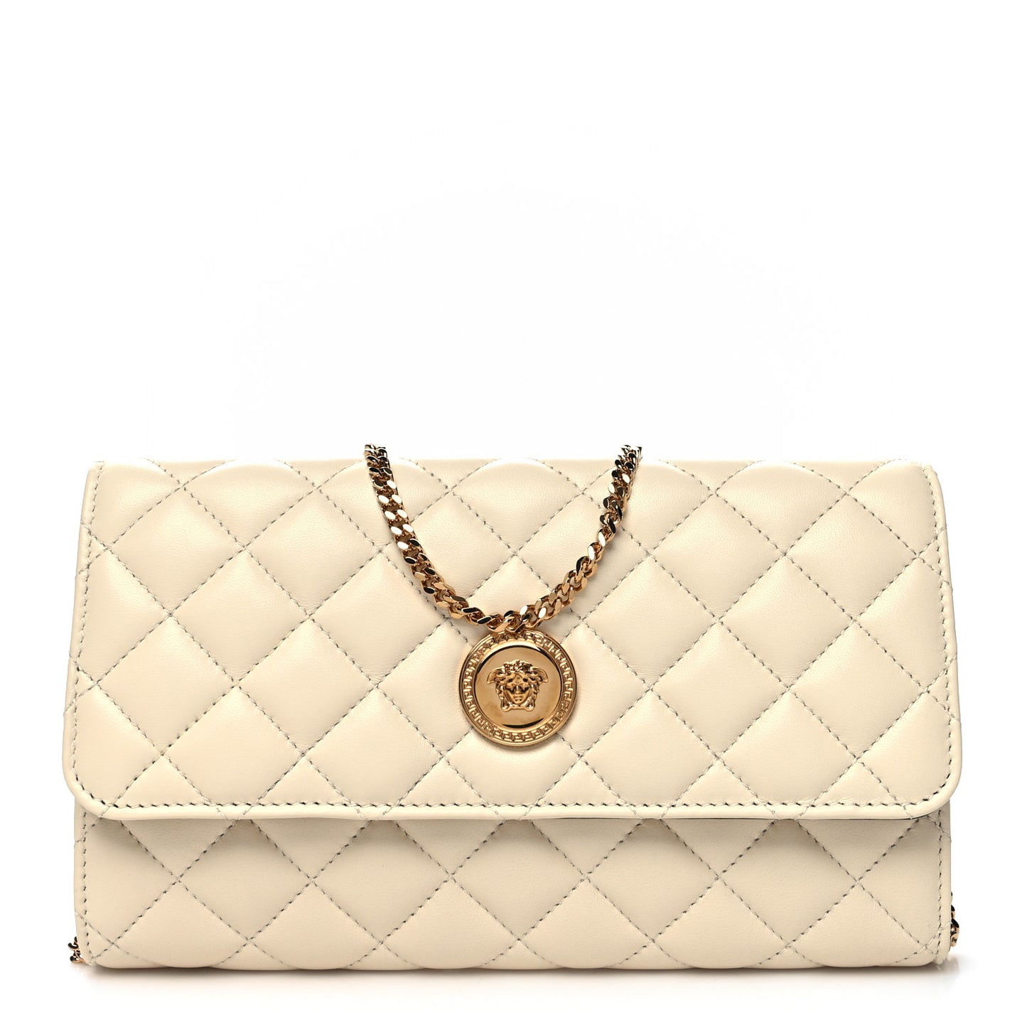 Lambskin Quilted Medusa Wallet on Chain Crossbody Beige