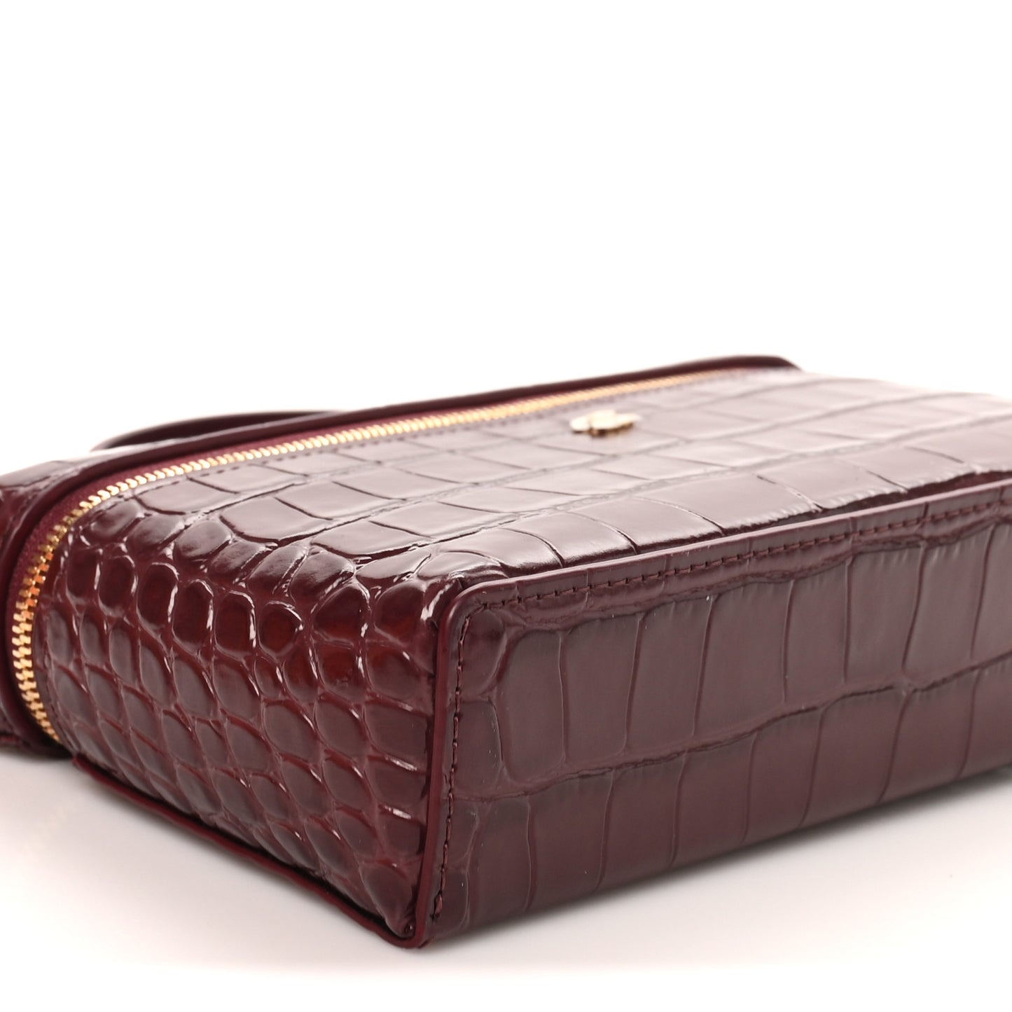 Calfskin Crocodile Embossed Crococo Top Handle Slim Vanity Case With Chain Dark Burgundy