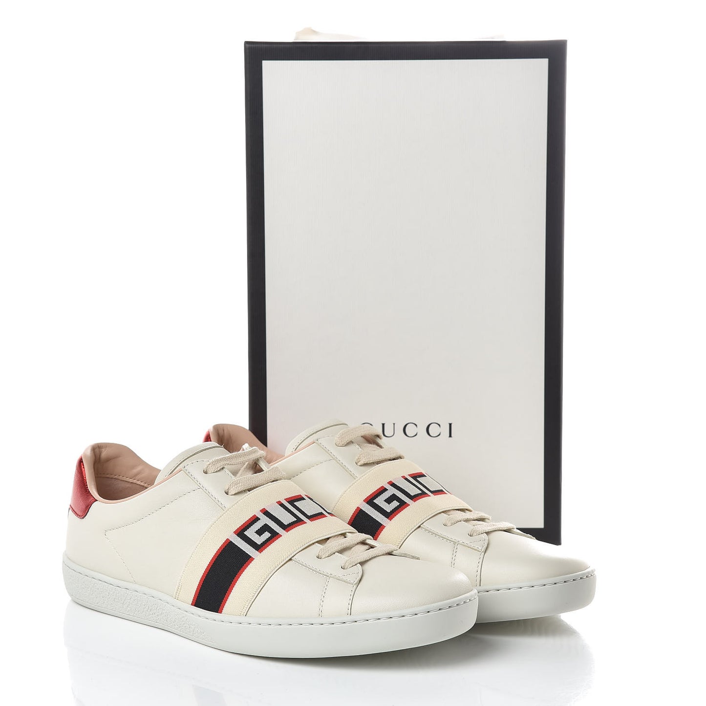 Calfskin Stripe Womens New Ace Sneakers 39 New Mystic White Ecru Red Flame