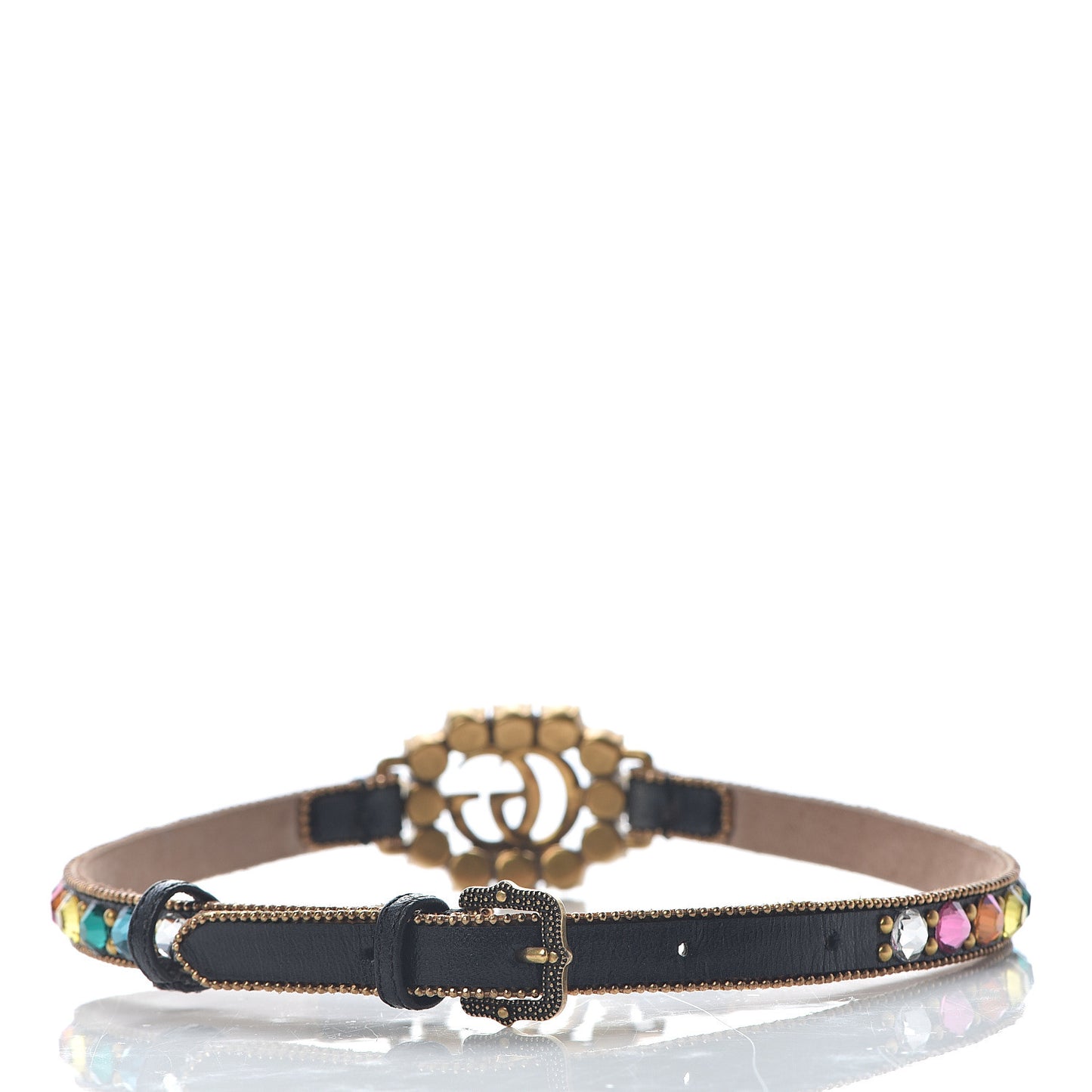 Calfskin Crystal Embellished Double G Choker Necklace Multicolor