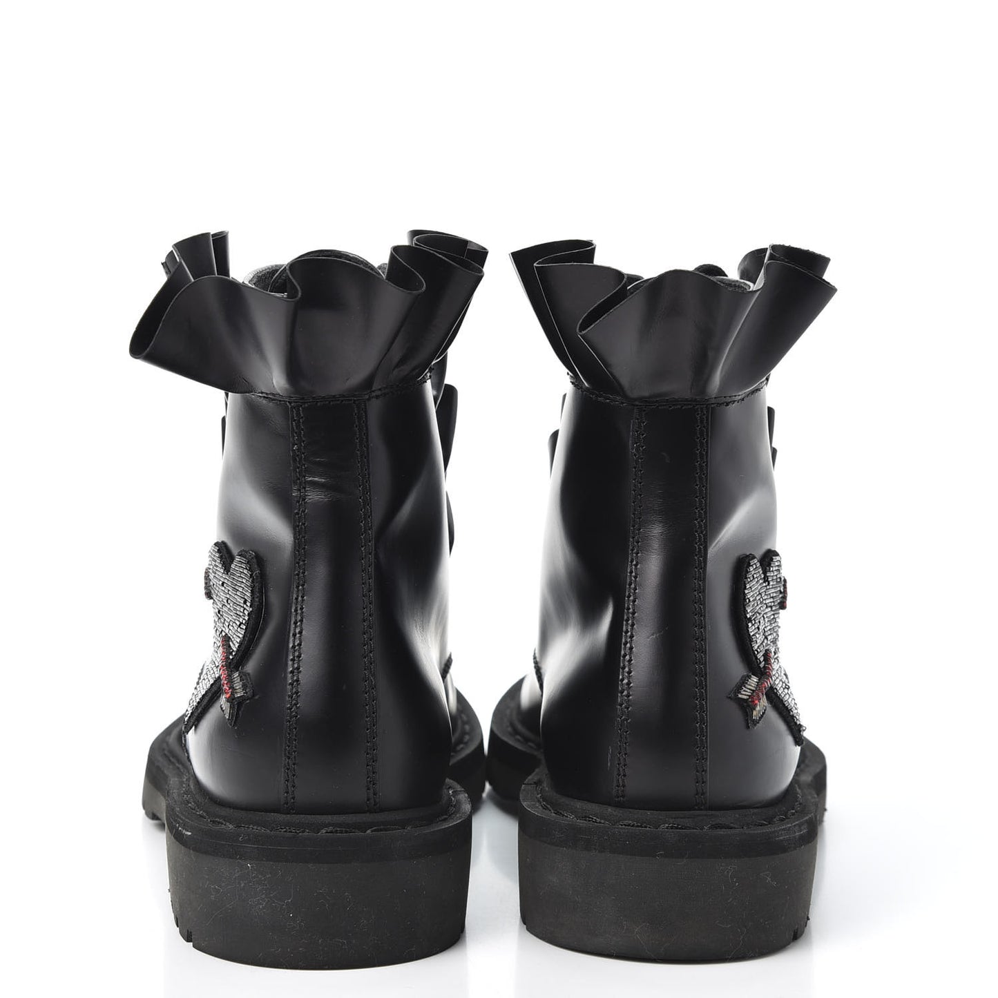 Calfskin Ruffle Heart Love Combat Boots 37.5 Black
