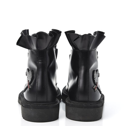 Valentino Garavani Calfskin Ruffle Heart Love Combat Boots 37.5 Black 5 of 10