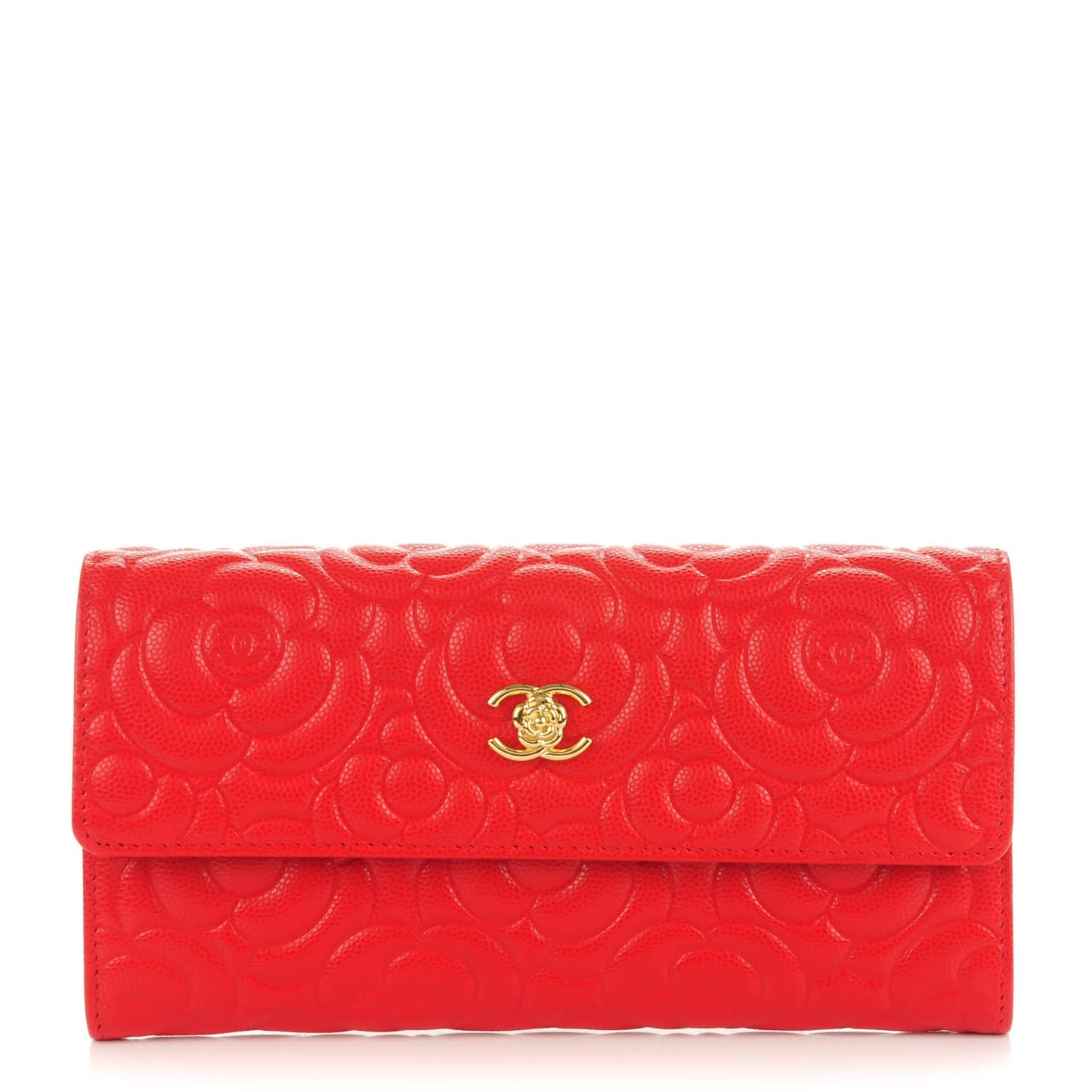 Caviar Camellia Embossed Flap Wallet Red
