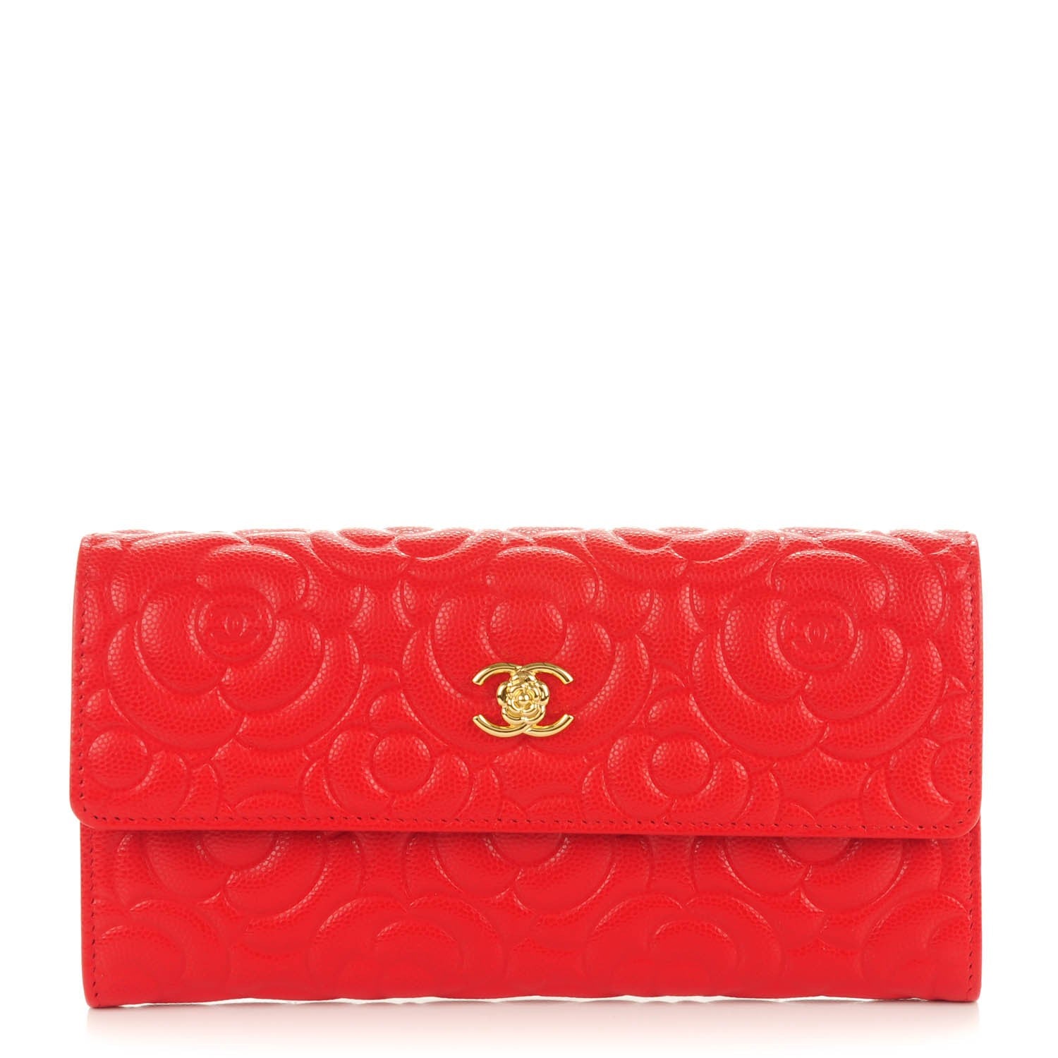 Chanel Caviar Camellia Embossed Flap Wallet Red 1 of 7